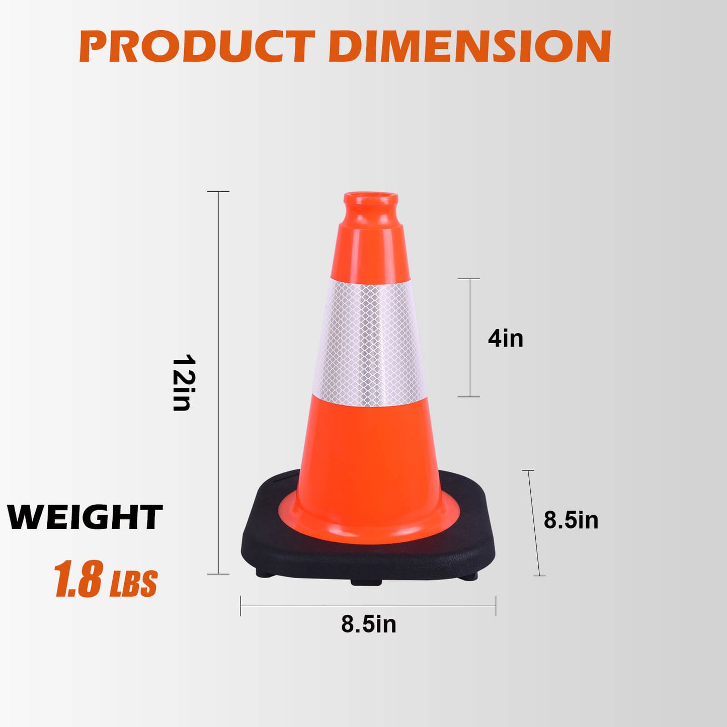 12 inch heavy-duty PVC traffic cone with reflective stripe