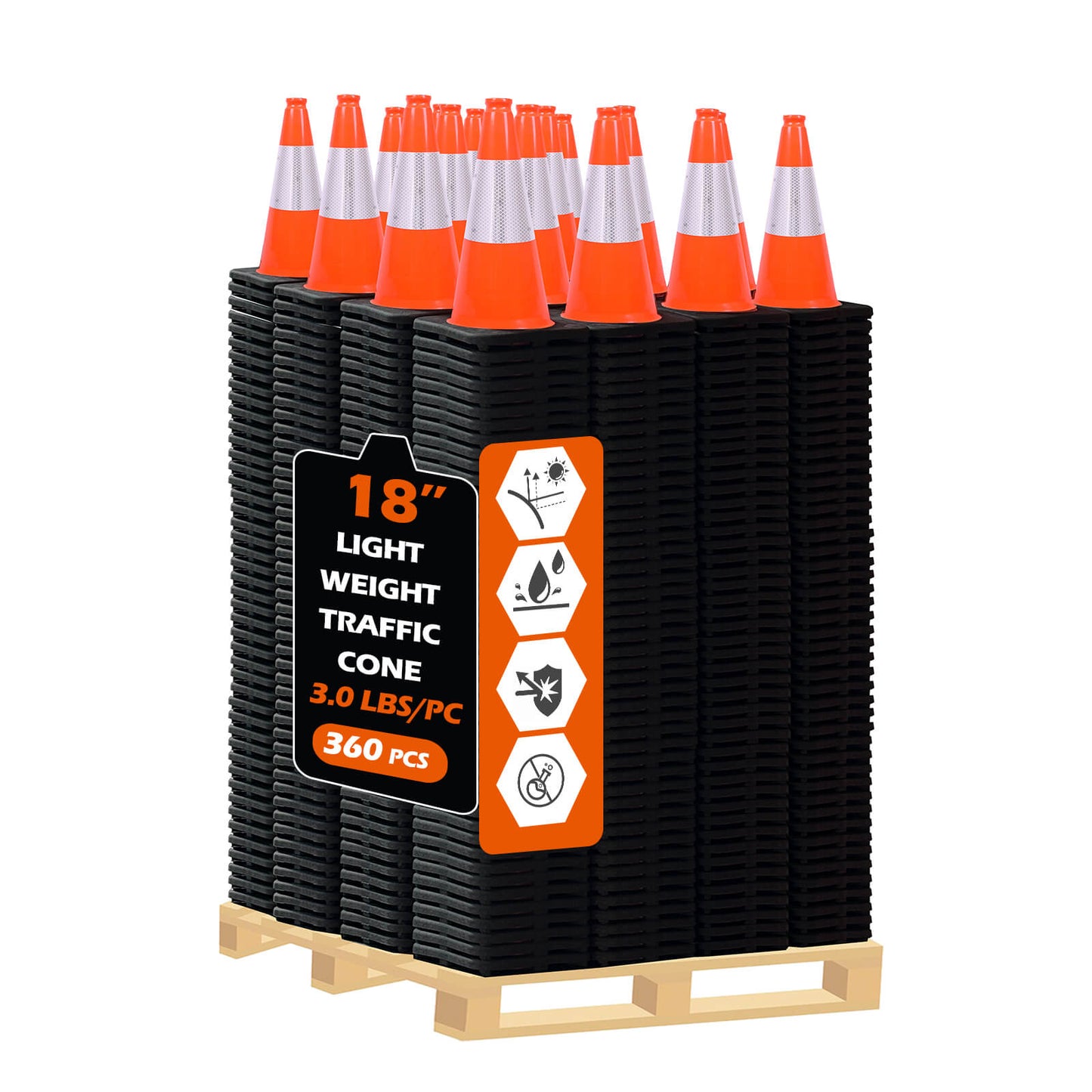 18 inch heavy-duty PVC traffic cone with reflective stripe