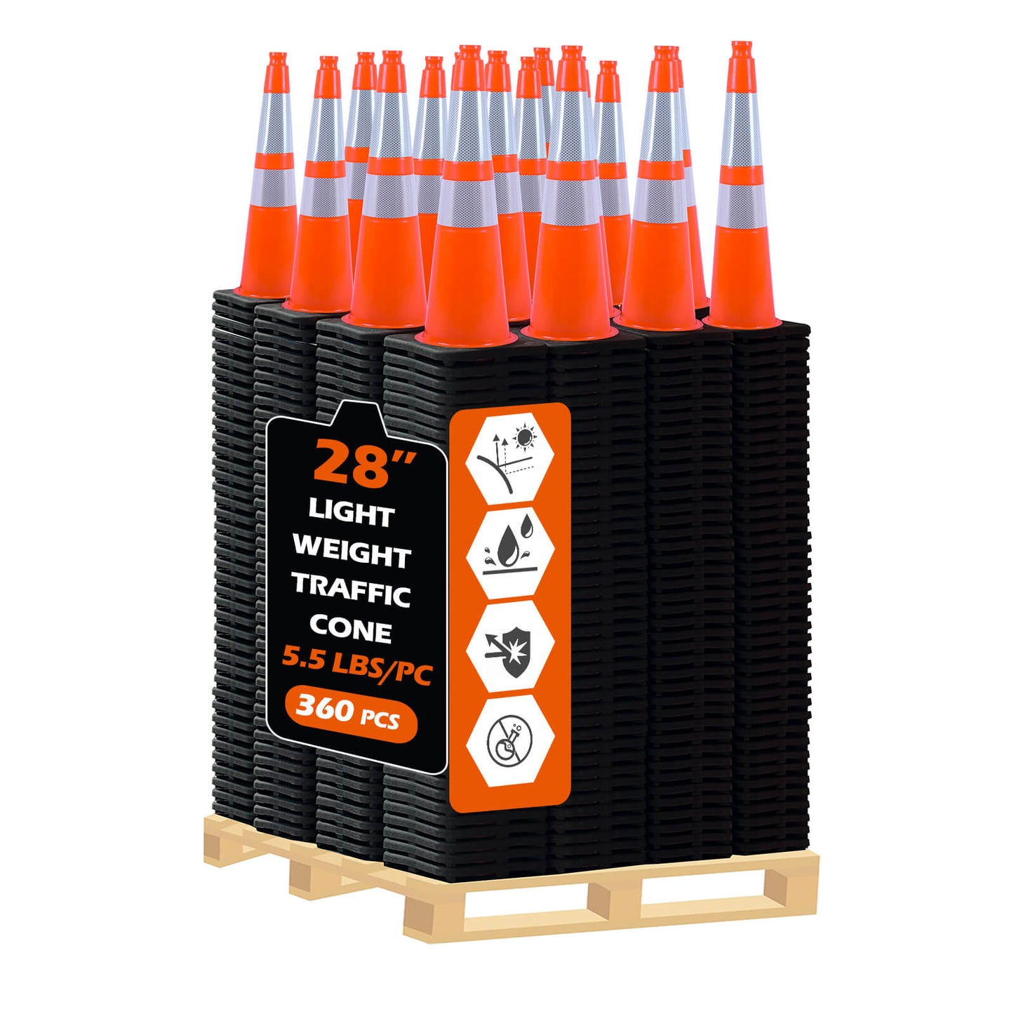 28 inch heavy-duty PVC traffic cone with reflective stripe