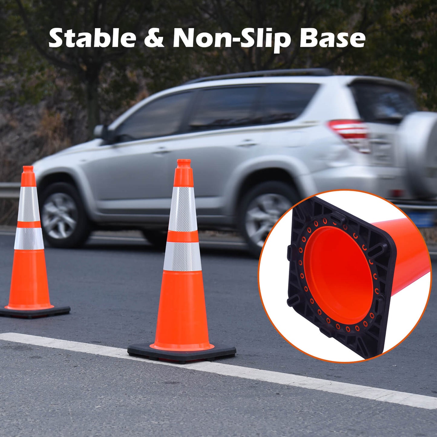 28 inch heavy-duty PVC traffic cone with reflective stripe