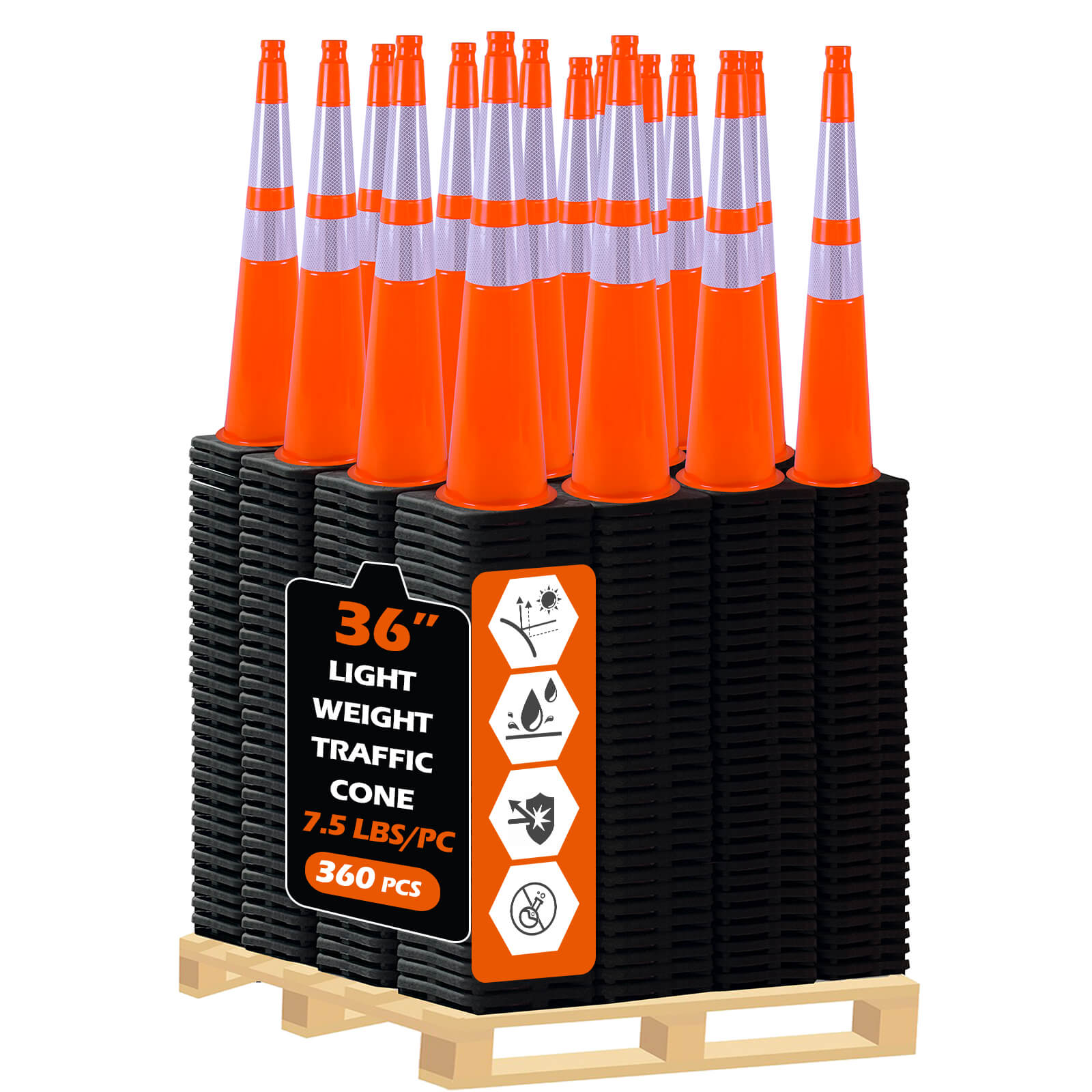 36 inch heavy-duty PVC traffic cone with reflective stripe
