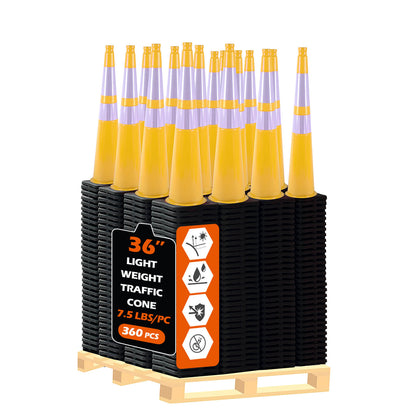 Yellow heavy-duty PVC traffic cone with reflective stripe