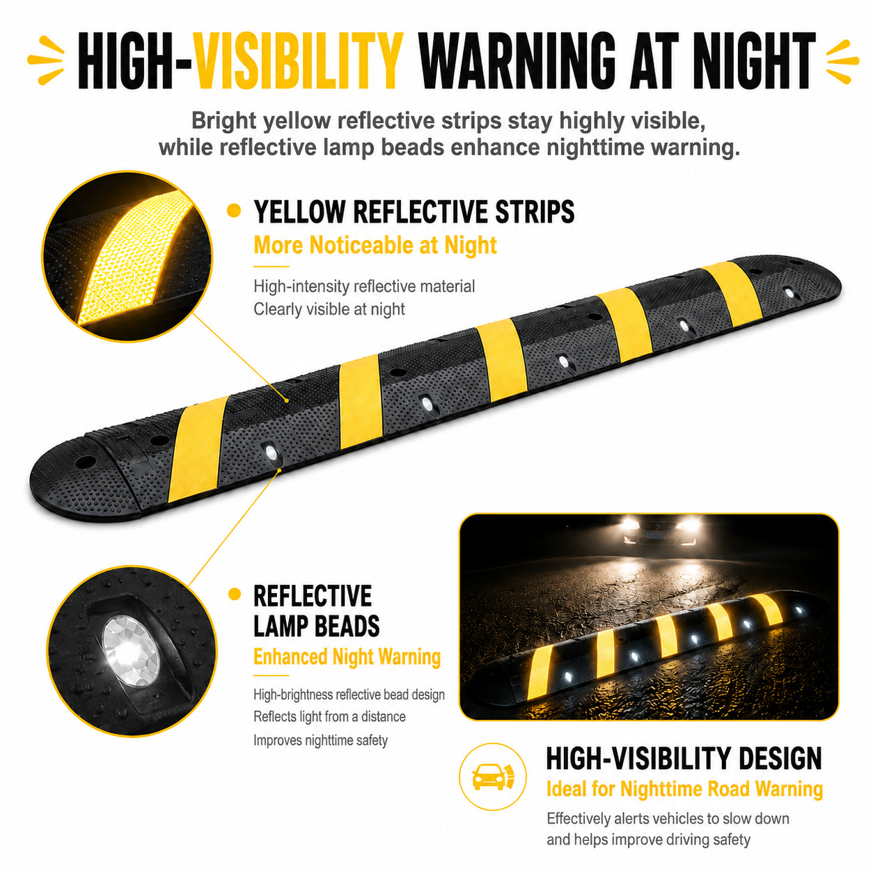 Commercial Grade 6 Foot Reflective Rubber Speed Bump for Traffic Calming