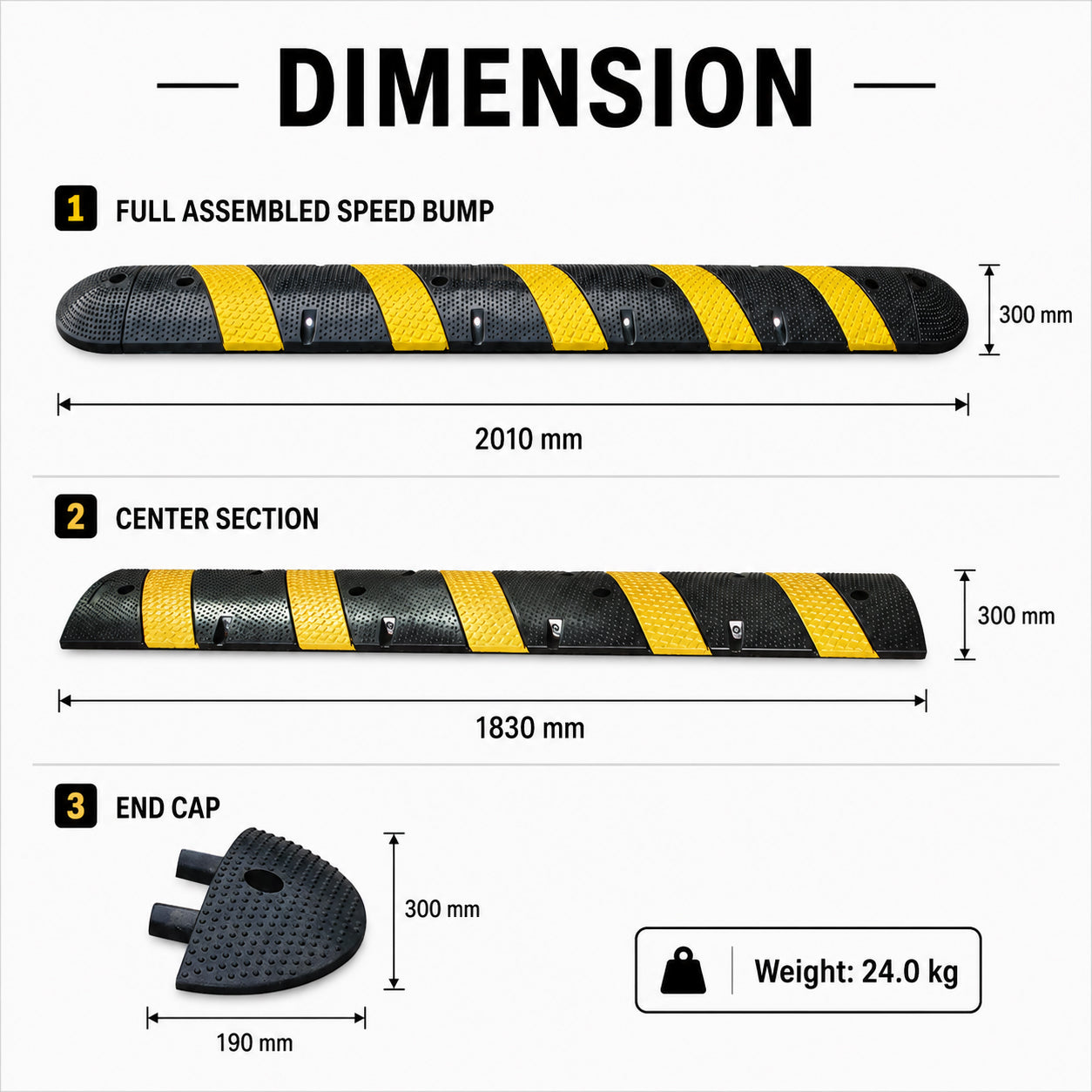 Reflective Rubber Speed Bump 3FT 4FT 6FT for Traffic Control & Safety